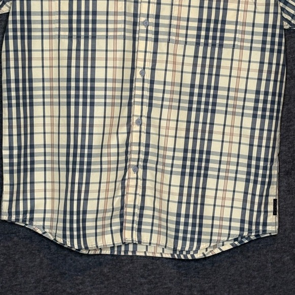 PrAna Kirkwood Shirt Large Plaid Stretch Button-Up Beige Short Sleeve Top - Picture 5 of 14